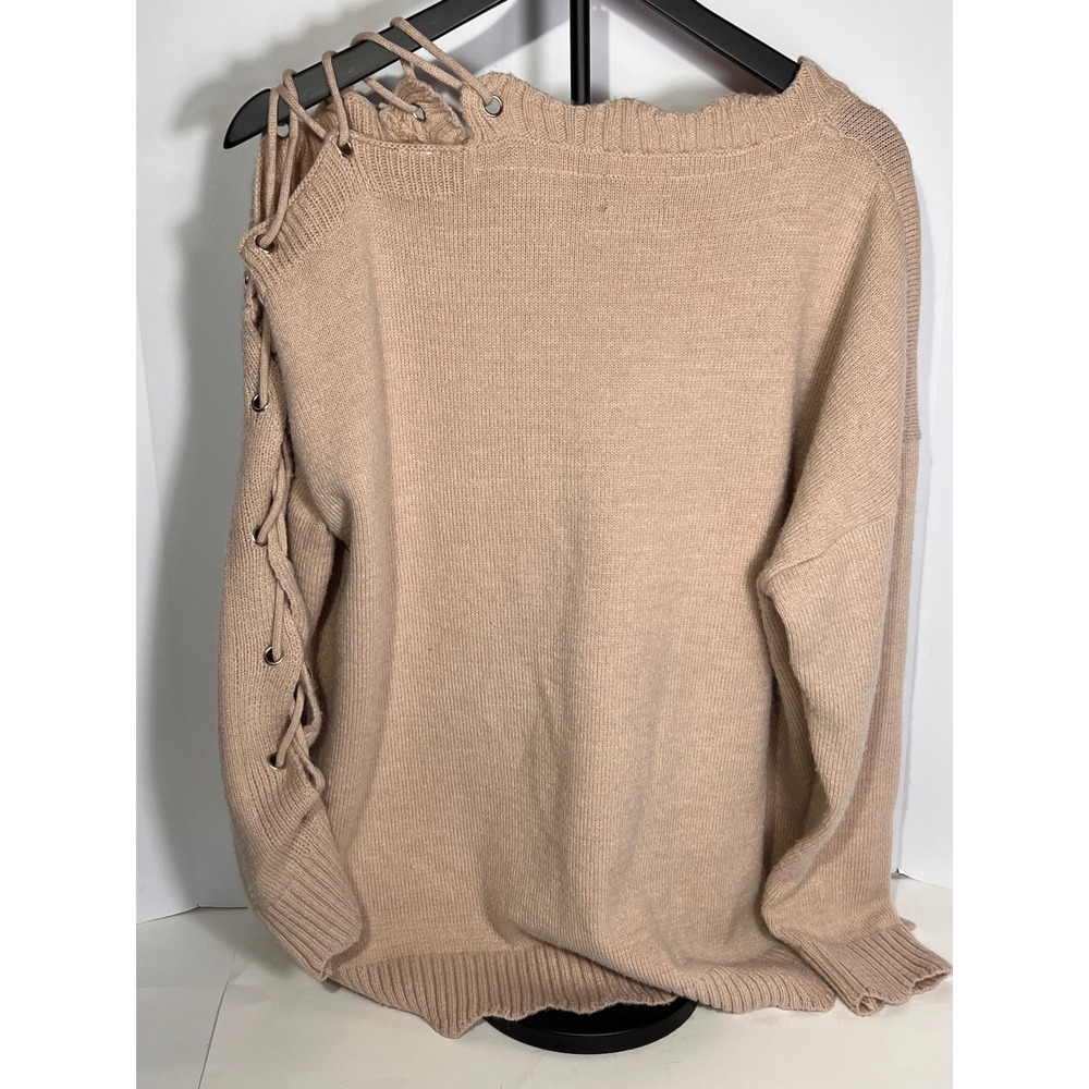 POL Lace Up Long Sleeve Sweater Tan Beige Knit‎ Pullover Casual Soft Comfortable - Picture 4 of 6